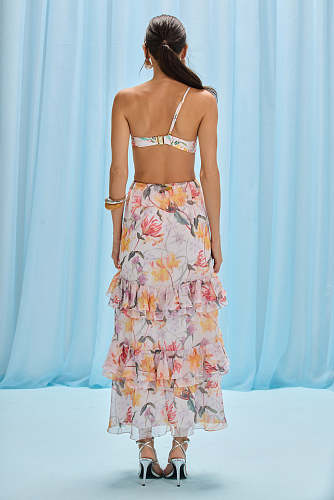 One Shoulder Floral Ruffle Maxi Dress Orange HV2999