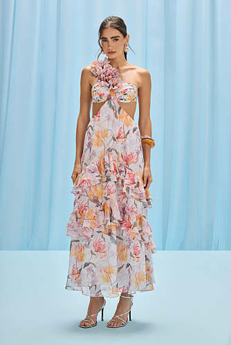 One Shoulder Floral Ruffle Maxi Dress Orange HV2999