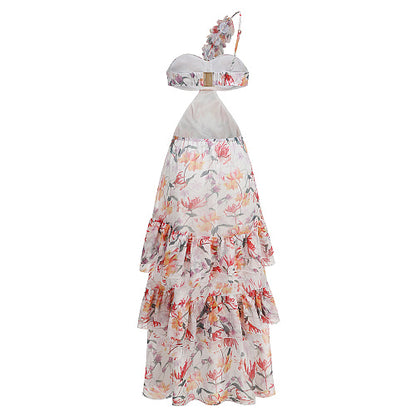 One Shoulder Floral Ruffle Maxi Dress Orange HV2999