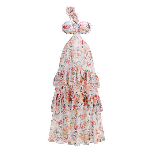 One Shoulder Floral Ruffle Maxi Dress Orange HV2999
