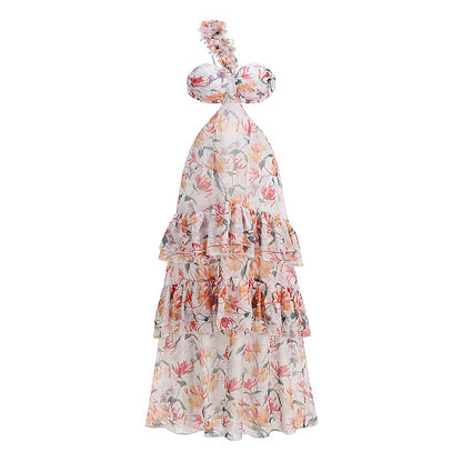 One Shoulder Floral Ruffle Maxi Dress Orange HV2999