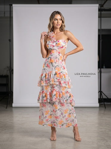 One Shoulder Floral Ruffle Maxi Dress Orange HV2999