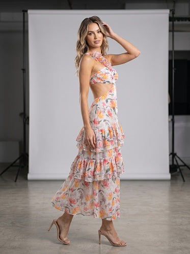 One Shoulder Floral Ruffle Maxi Dress Orange HV2999