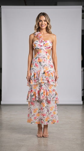 One Shoulder Floral Ruffle Maxi Dress Orange HV2999