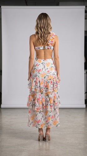 One Shoulder Floral Ruffle Maxi Dress Orange HV2999