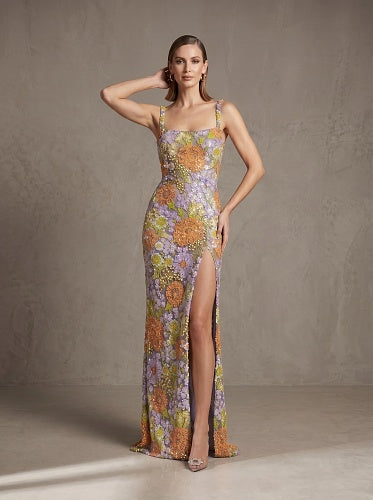 Floral Embroidered Maxi Dress Purple Green Orange HV3000