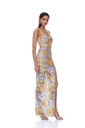 Floral Embroidered Maxi Dress Purple Green Orange HV3000