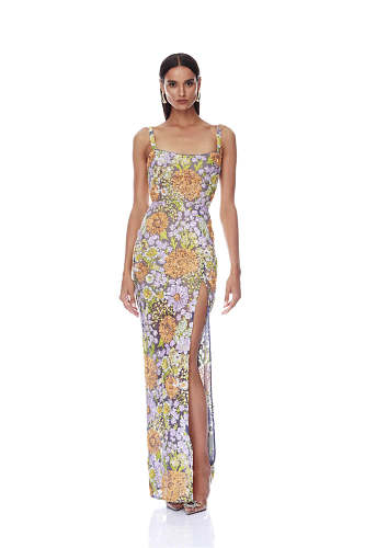 Floral Embroidered Maxi Dress Purple Green Orange HV3000