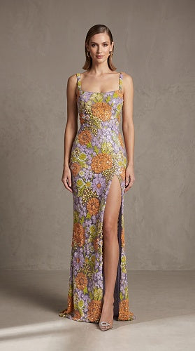 Floral Embroidered Maxi Dress Purple Green Orange HV3000