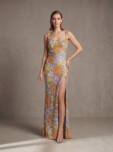 Floral Embroidered Maxi Dress Purple Green Orange HV3000