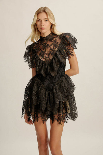 Lace Ruffle A Line Dress Black HV3001