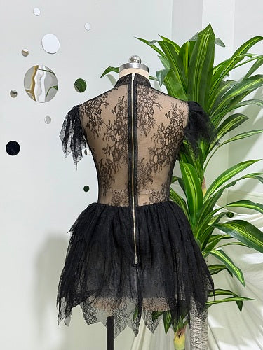 Lace Ruffle A Line Dress Black HV3001