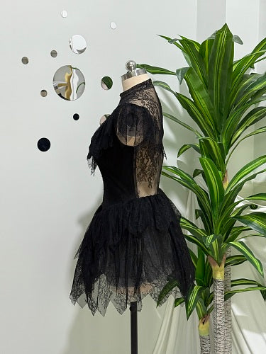 Lace Ruffle A Line Dress Black HV3001