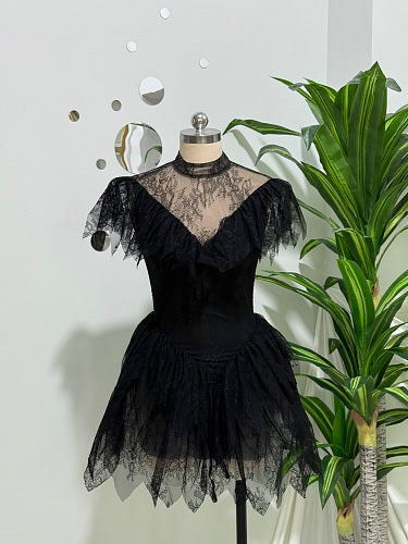 Lace Ruffle A Line Dress Black HV3001