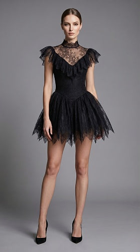 Lace Ruffle A Line Dress Black HV3001