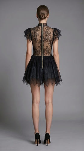 Lace Ruffle A Line Dress Black HV3001