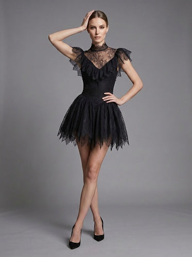 Lace Ruffle A Line Dress Black HV3001