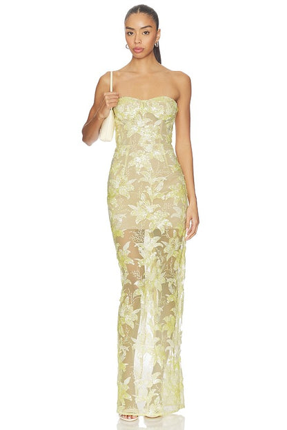 Strapless Sequin Lace Maxi Dress Ivory HV3002