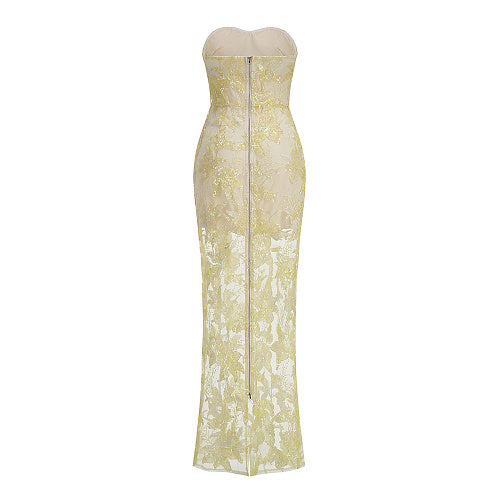 Strapless Sequin Lace Maxi Dress Ivory HV3002