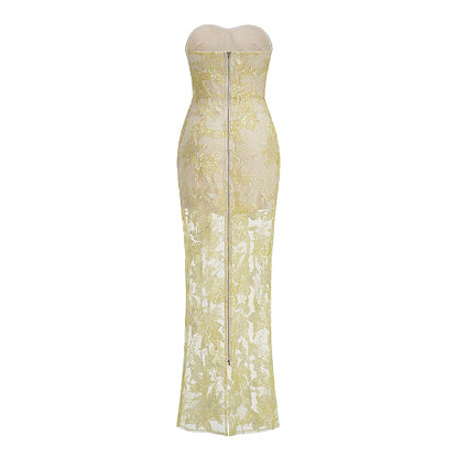 Strapless Sequin Lace Maxi Dress Ivory HV3002