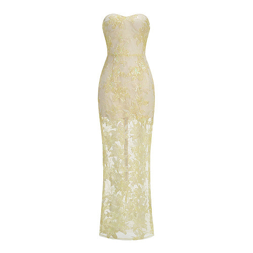 Strapless Sequin Lace Maxi Dress Ivory HV3002