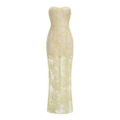 Strapless Sequin Lace Maxi Dress Ivory HV3002