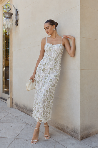 Floral Lace Midi Dress White Green HV3003