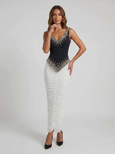 Embellished Draped Corset Two Piece Midi Dress Black White HV2996