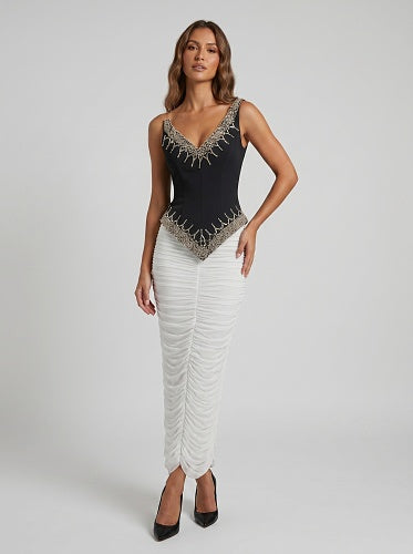 Embellished Draped Corset Two Piece Midi Dress Black White HV2996
