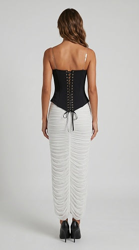 Embellished Draped Corset Two Piece Midi Dress Black White HV2996