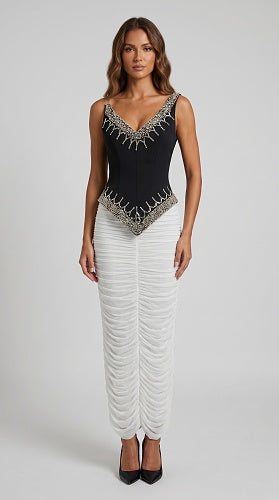 Embellished Draped Corset Two Piece Midi Dress Black White HV2996