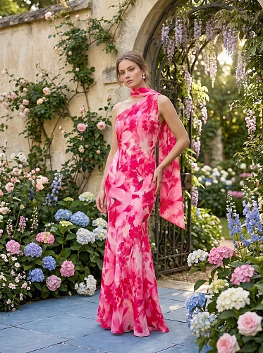 Halter Floral A Line Maxi Dress Hot Pink HV2973