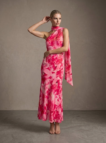 Halter Floral A Line Maxi Dress Hot Pink HV2973
