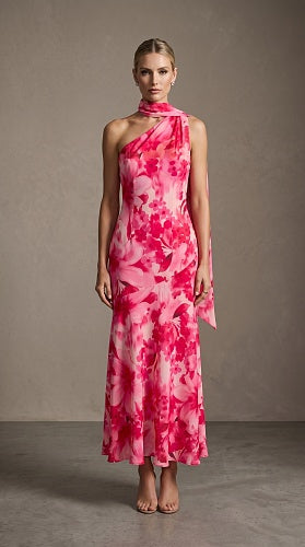 Halter Floral A Line Maxi Dress Hot Pink HV2973