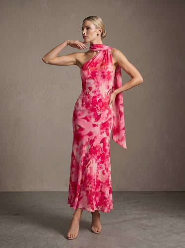 Halter Floral A Line Maxi Dress Hot Pink HV2973