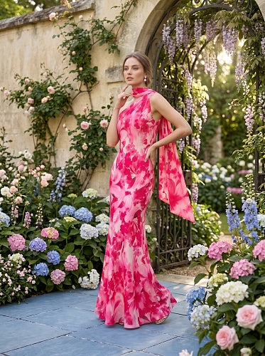 Halter Floral A Line Maxi Dress Hot Pink HV2973