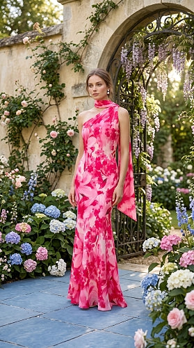 Halter Floral A Line Maxi Dress Hot Pink HV2973