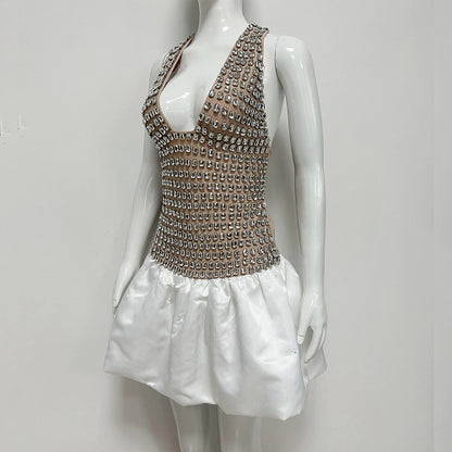 Halter Crystal Corset Bubble Dress Nude White HV3005
