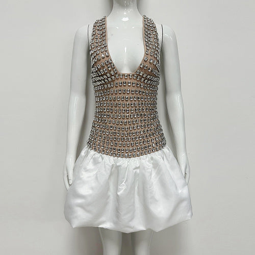 Halter Crystal Corset Bubble Dress Nude White HV3005