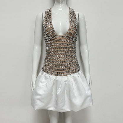 Halter Crystal Corset Bubble Dress Nude White HV3005