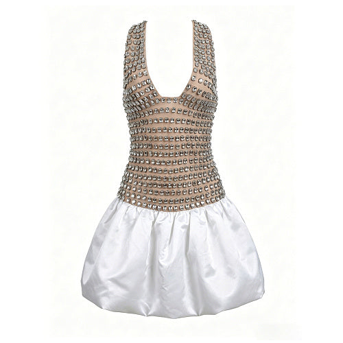 Halter Crystal Corset Bubble Dress Nude White HV3005