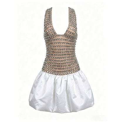 Halter Crystal Corset Bubble Dress Nude White HV3005