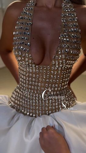 Halter Crystal Corset Bubble Dress Nude White HV3005