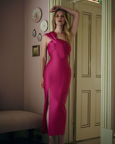 One Shoulder Draped Midi Dress Hot Pink HV3004