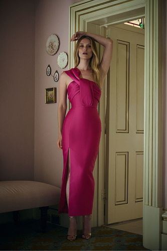 One Shoulder Draped Midi Dress Hot Pink HV3004