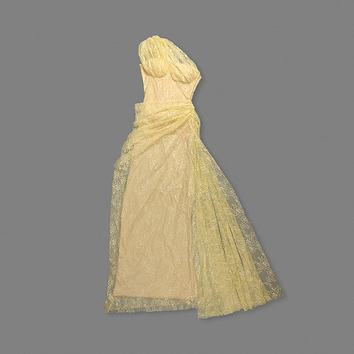 One Shoulder Draped Lace Maxi Dress Yellow HV2677