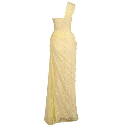 One Shoulder Draped Lace Maxi Dress Yellow HV2677