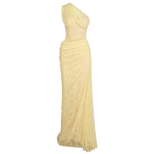 One Shoulder Draped Lace Maxi Dress Yellow HV2677