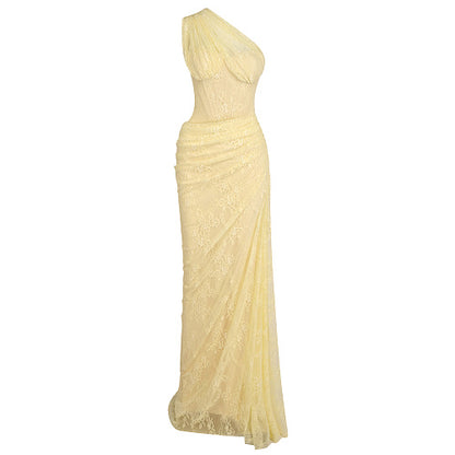 One Shoulder Draped Lace Maxi Dress Yellow HV2677