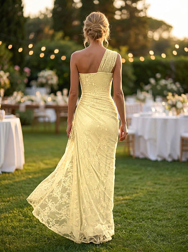 One Shoulder Draped Lace Maxi Dress Yellow HV2677